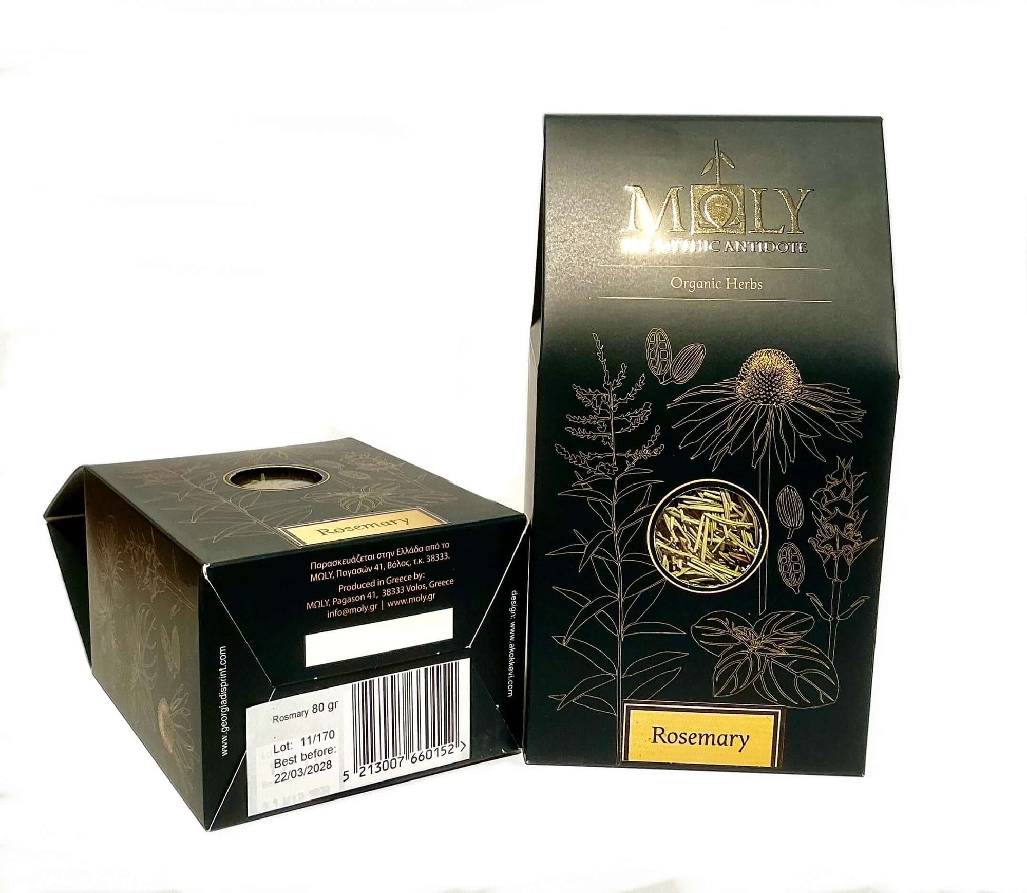 Zwei schwarze nach oben hin spitz zulaufende Verpackungen mit goldener  Schrift sowie aufgedruckten Pflanzen. Ein Sichtfenster ist vorhanden und man erkennt Rosmarin-Kräuter.