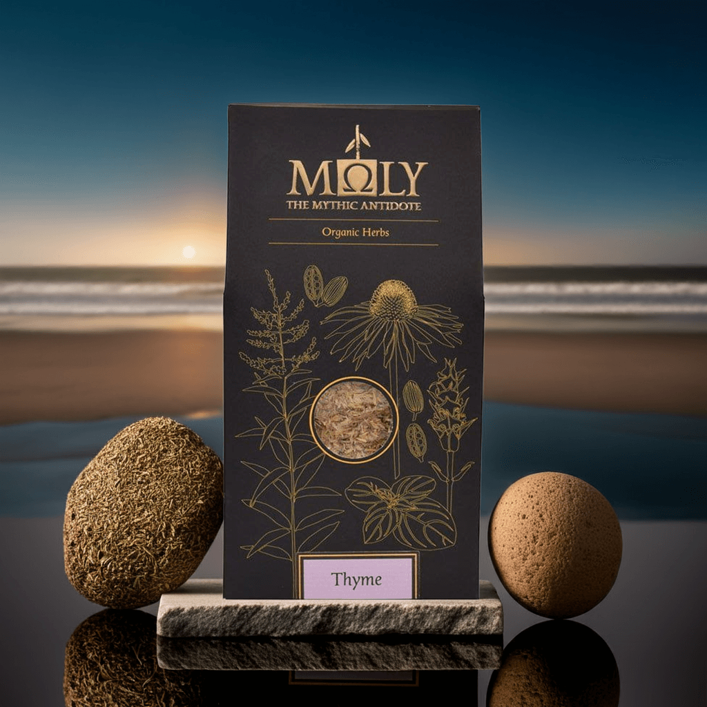 Eine schwarze Verpackung mit goldener Schrift & Pflanzen auf einem Stein am Strand. Der Inhalt besteht aus 100% naturreinem Thymian.