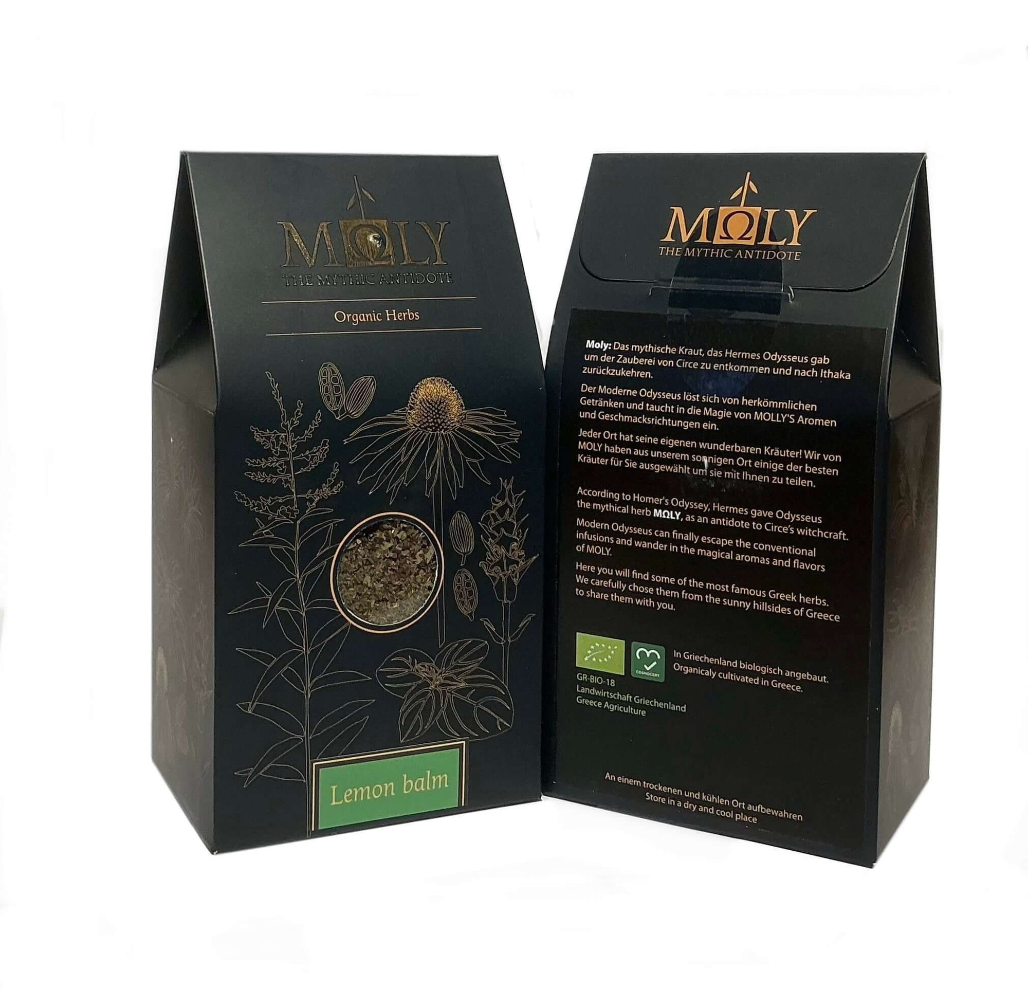 Zwei schwarze Verpackungen mit goldener  Schrift sowie aufgedruckten Pflanzen. Ein Sichtfenster ist vorhanden und man erkennt Zitronenmelisse-Kräuter.