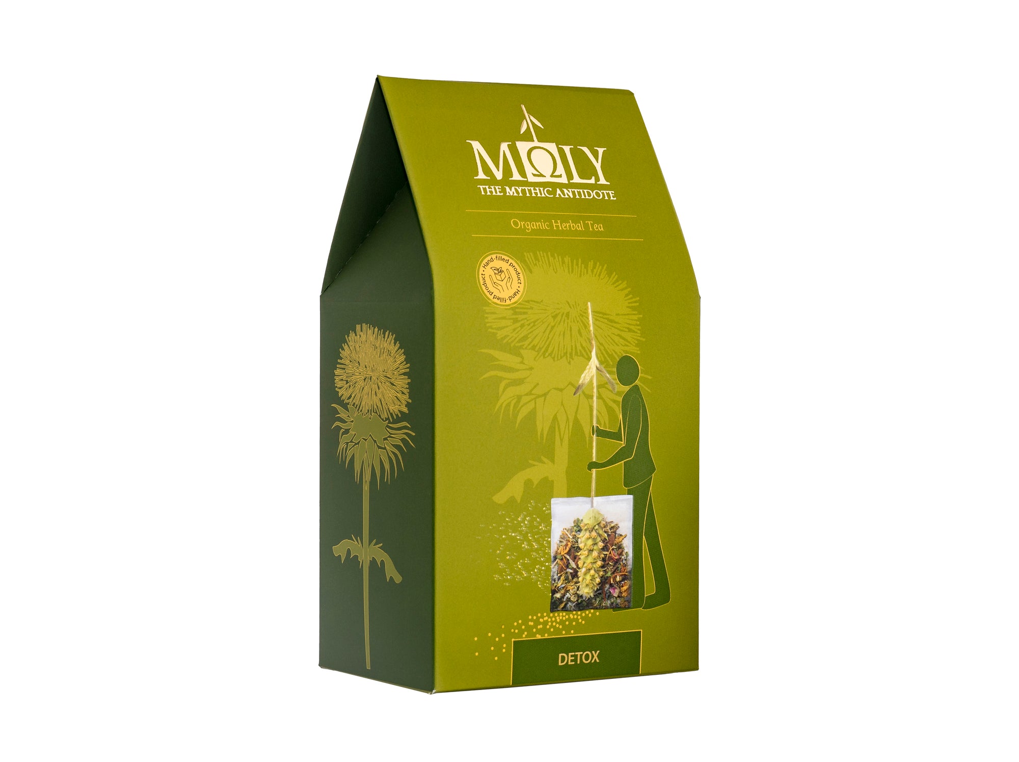 Eine olivgrüne Verpackung mit Moly DETOX. Zentral ist Bild aufgedruckt, welches einen Teebeutel mit Inhalt zeigt aus dem der Stengel der Sideritis scardia (griechischer Bergtee) herausragt.