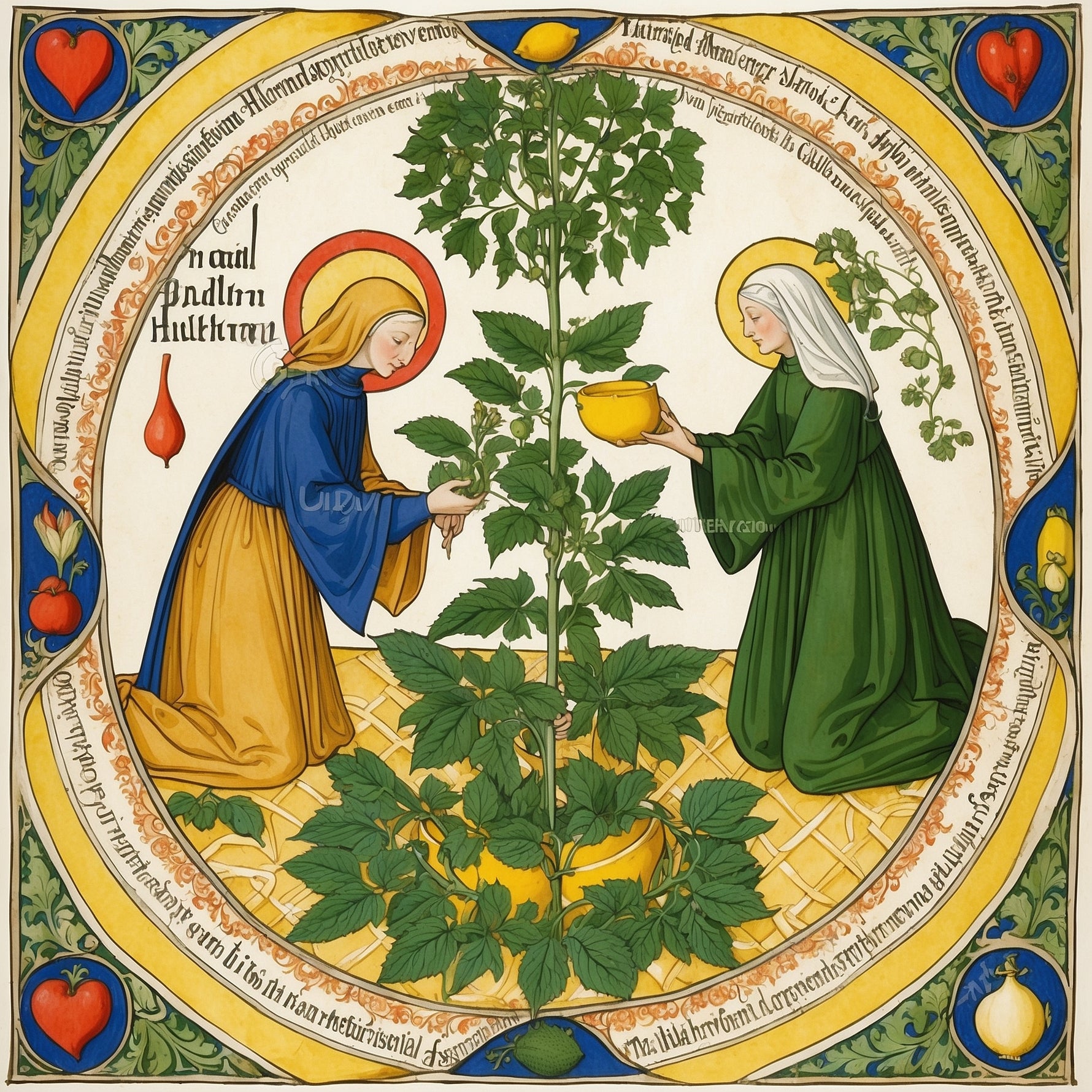 Hildegard von Bingen sammelt Zitronenmelisse für ihre Kuhren