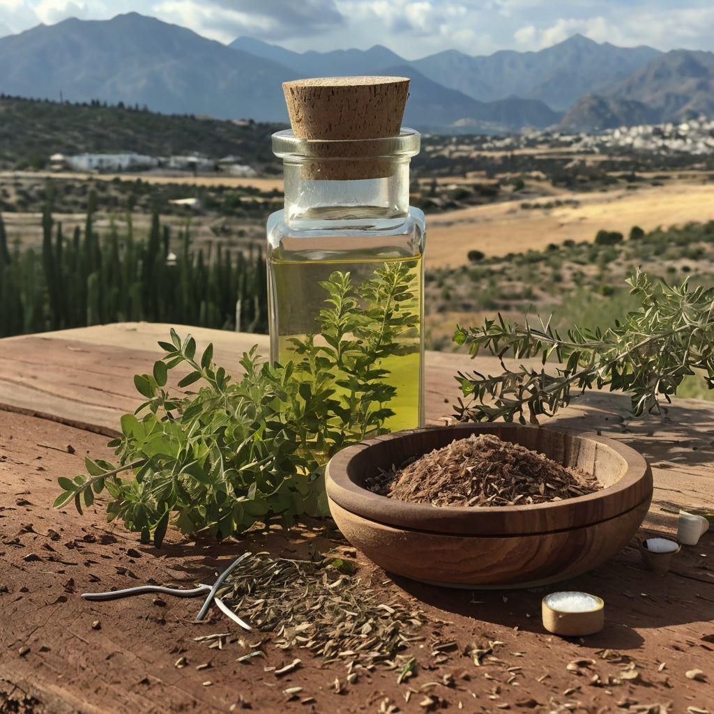 auf einem Holztisch im Freien stehen eine Flasche Olivenöl, Oregano, Rsmarin, Thymian und Salz. Im Hintergrund landwirtschaftliche Flächen und ein Gebirge