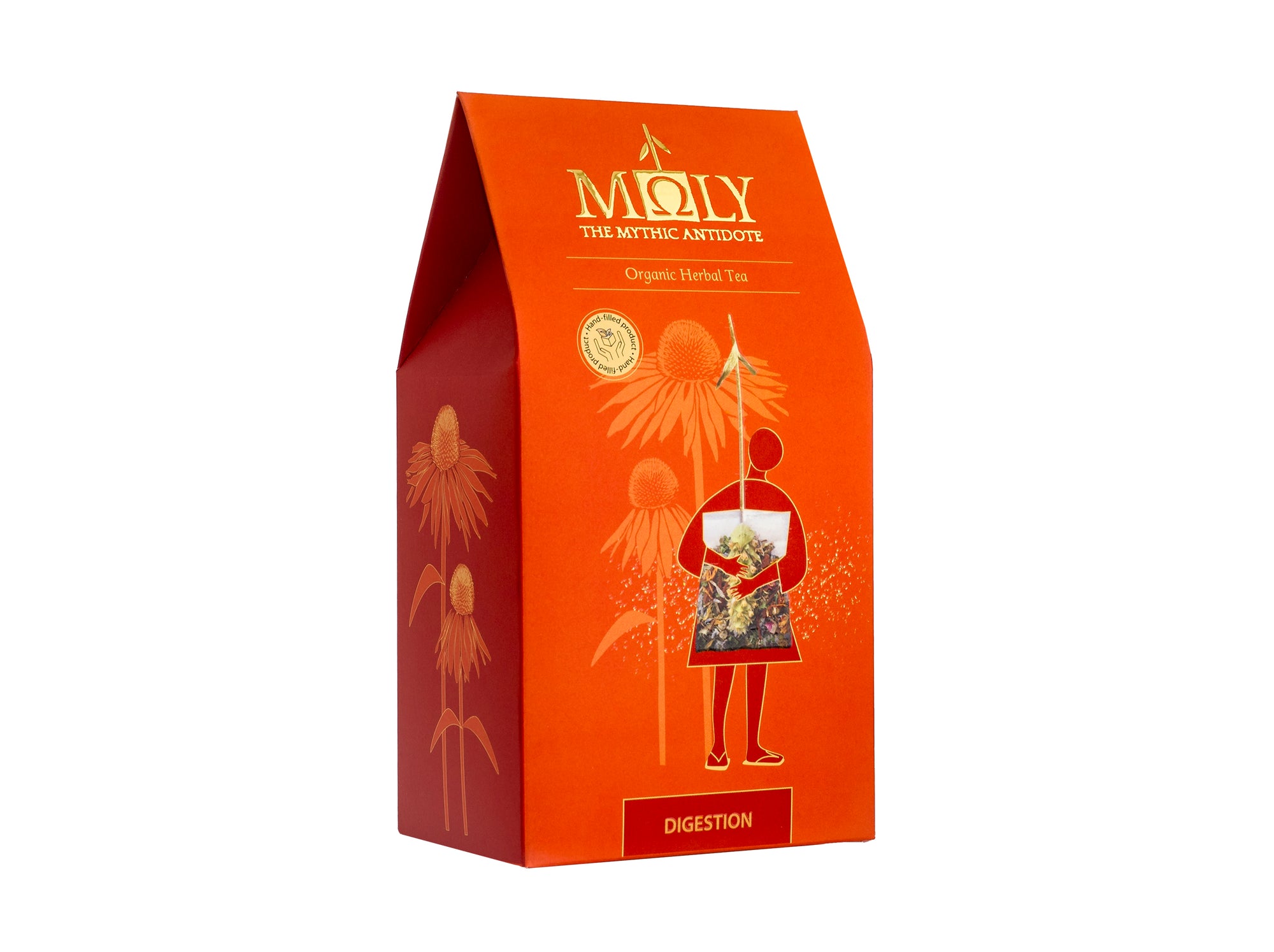 Eine orangene Verpackung des Moly Digestion Bio. Zentral ist ein Bild aufgedruckt, welches einen Teebeutel mit Inhalt zeigt aus dem der Stengel der Sideritis scardia (griechischer Bergtee) herausragt und von einer weiblichen Person getragen wird.