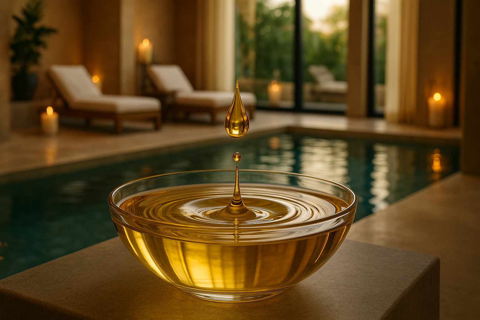 In einem Spa-Bereich ist eine Schale mit goldgelbem Wasser zu sehen, in die ein Öltropfen fällt