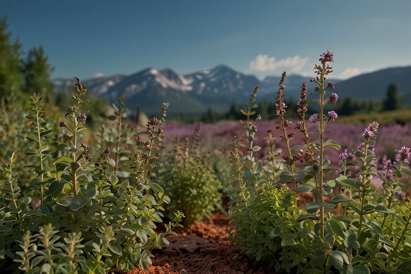 Ein Oregano- und Thymianfeld vor einem Gebirge.