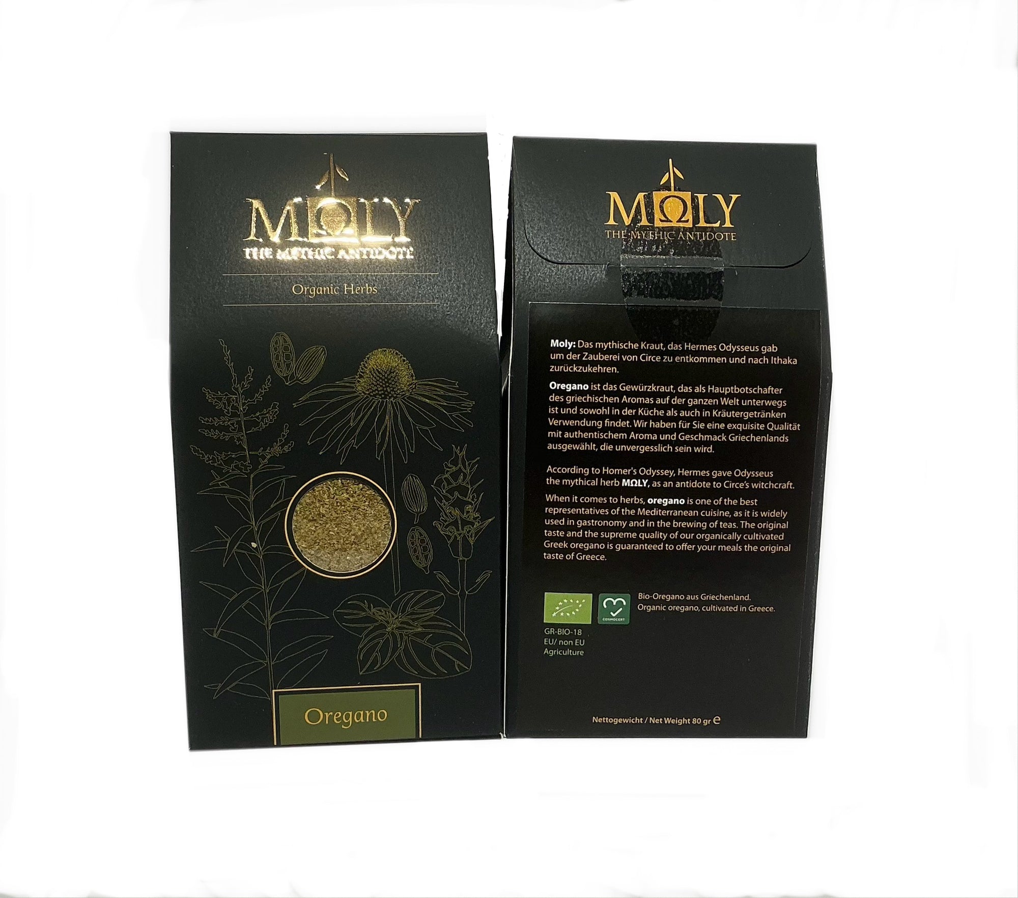 Zwei schwarze Verpackungen mit goldener  Schrift sowie aufgedruckten Pflanzen. Ein Sichtfenster ist vorhanden und man erkennt Oregano BIO -Kräuter.