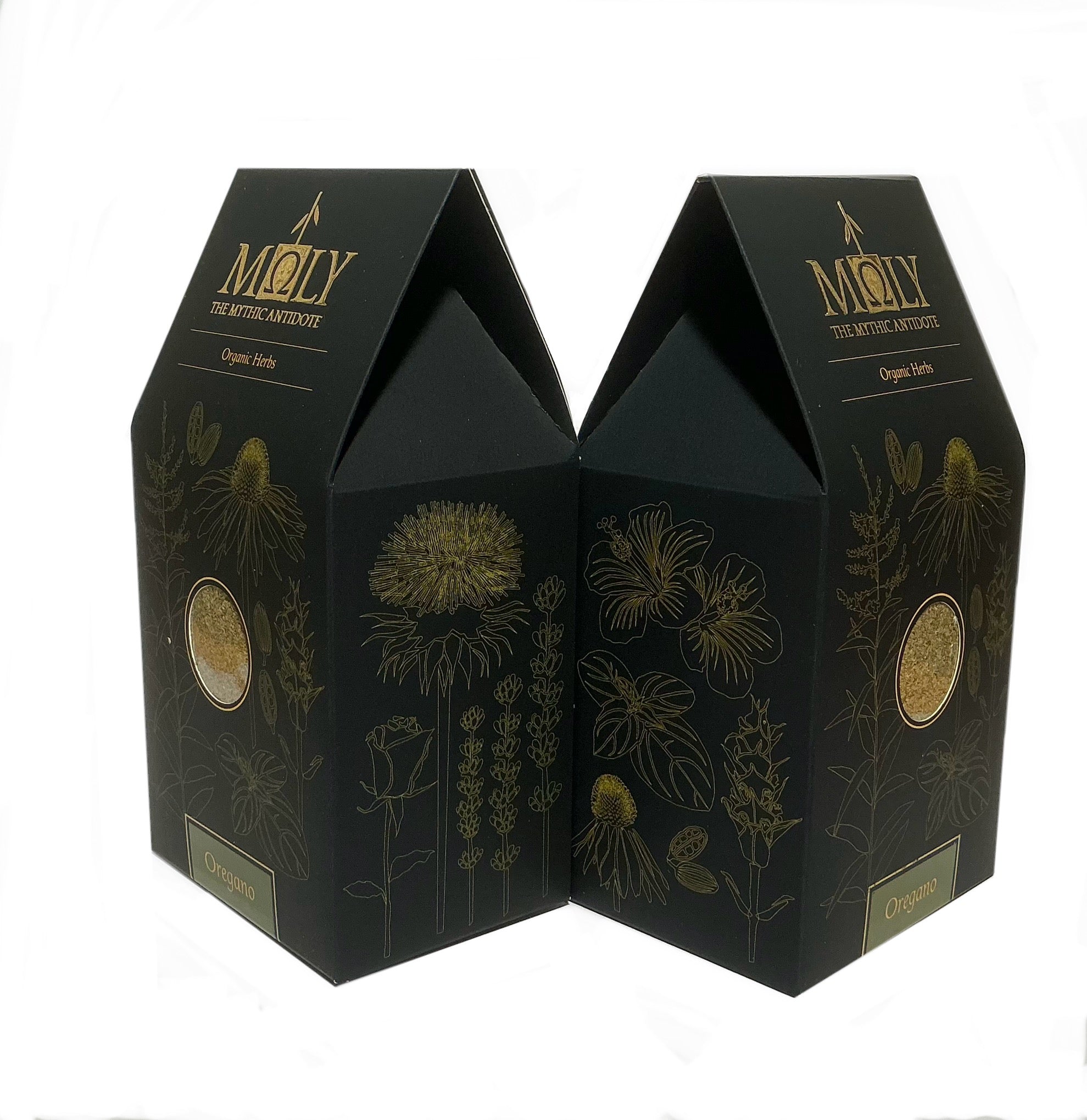 Zwei schwarze Verpackungen mit goldener Schrift sowie aufgedruckten Pflanzen. Ein Sichtfenster ist vorhanden und man erkennt Oregano BIO-Kräuter.