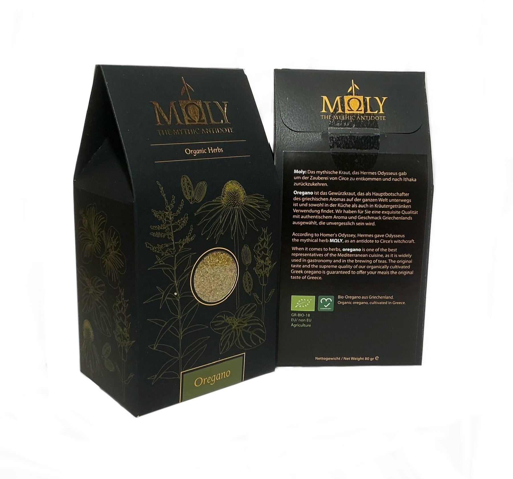 Zwei schwarze Verpackungen mit goldener Schrift sowie aufgedruckten Pflanzen. Ein Sichtfenster ist vorhanden und man erkennt Oregano BIO -Kräuter.
