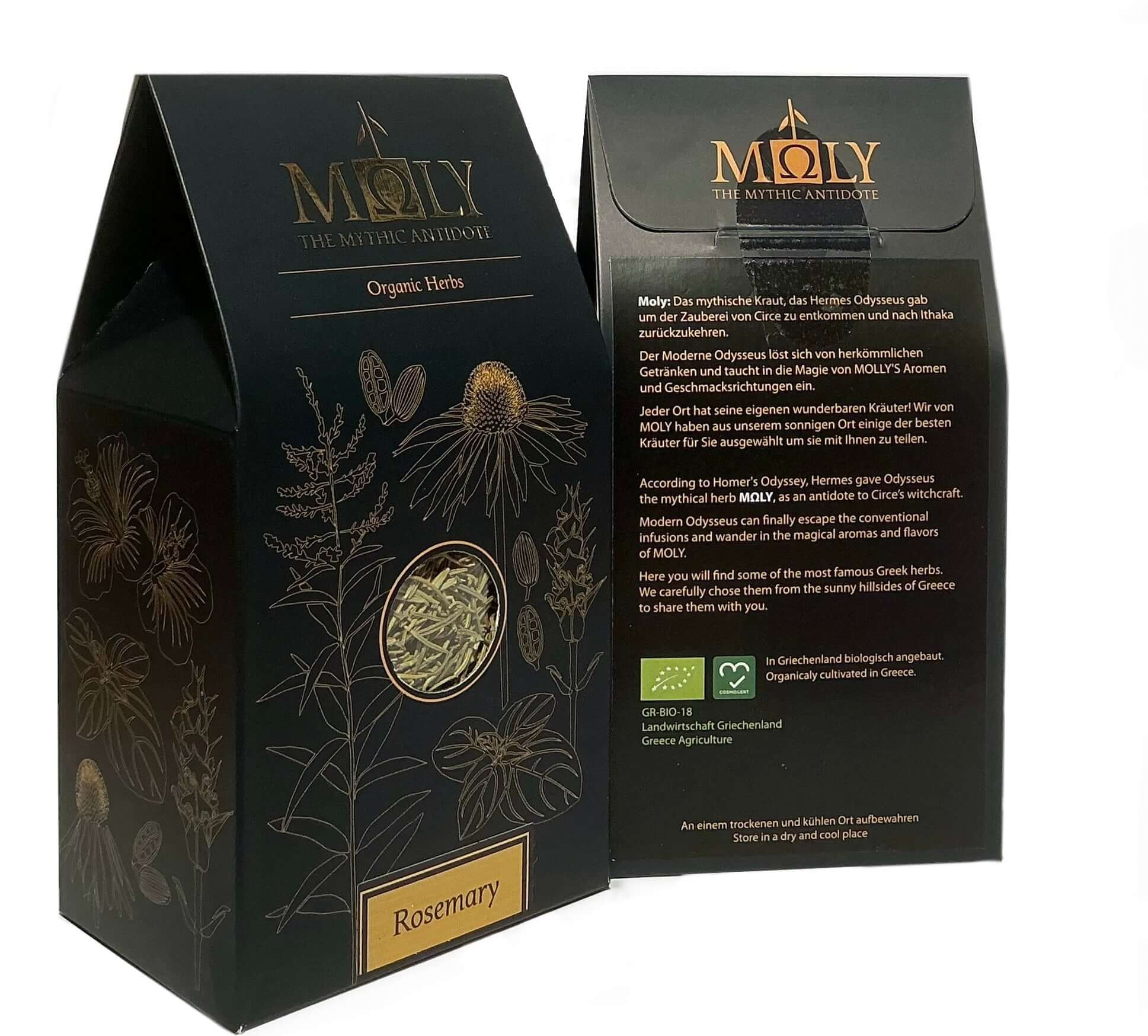 Zschwarze nach oben hin spitz zulaufende Verpackungen mit goldener Schrift sowie aufgedruckten Pflanzen. Ein Sichtfenster ist vorhanden und man erkennt Rosmarin-Kräuter. ei