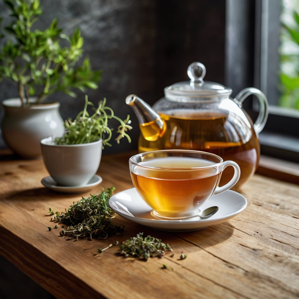 Eine Teekanne und Teetasse aus Glas auf einer Küchenarbeitsplatte.