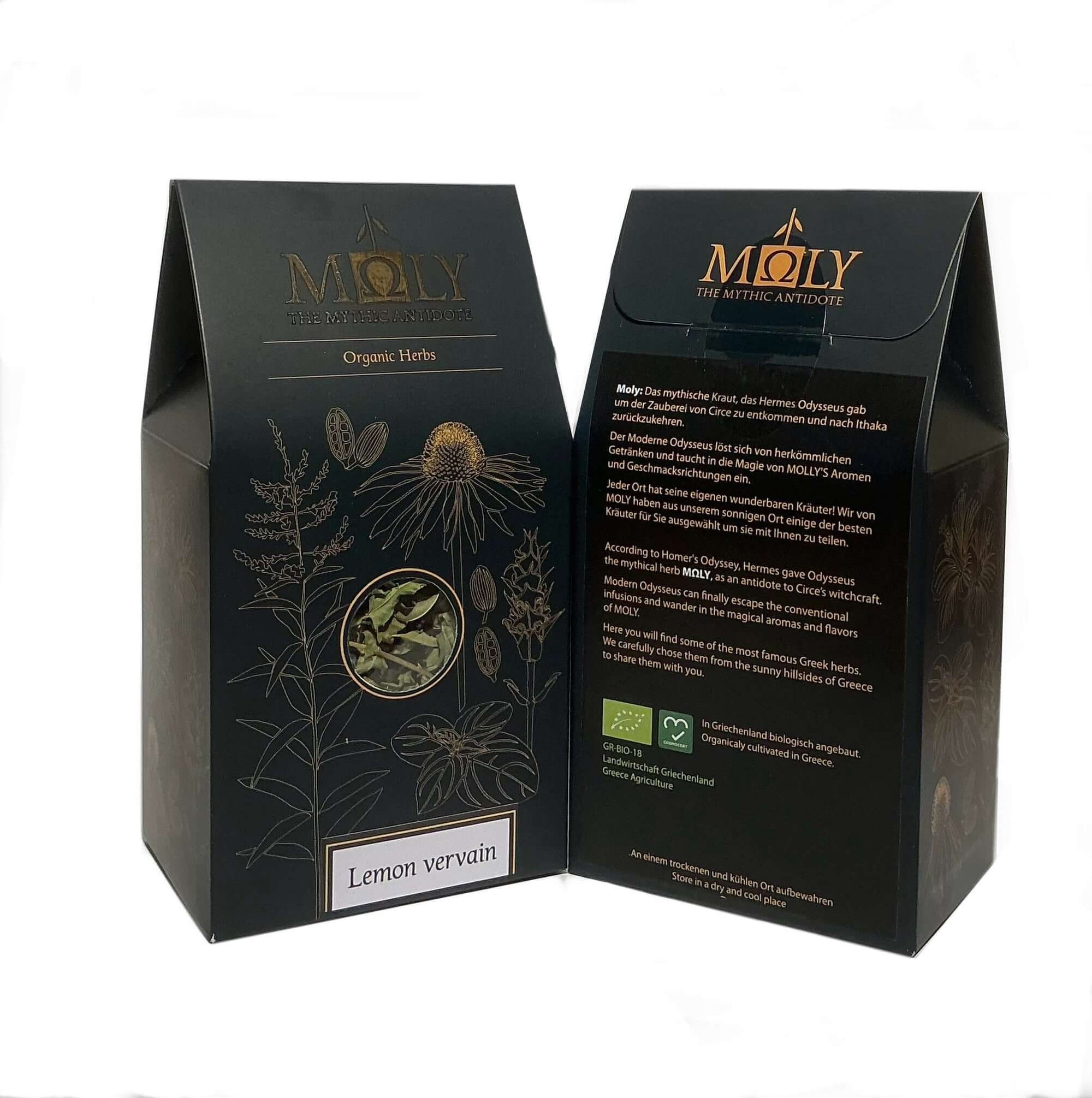 Zwei schwarze Verpackungen mit Zitronenverbene auf der man die Vorder- und Rückseite des Produktes erkennt.