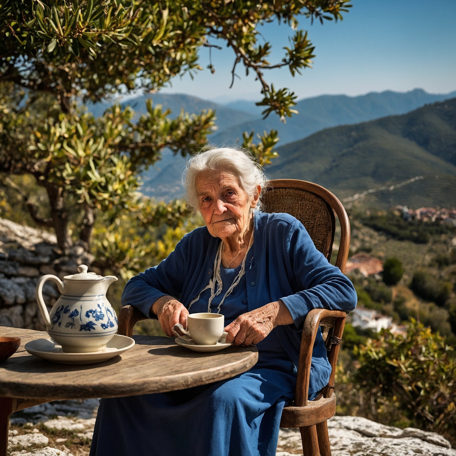 alte Dame sitzt vor einem Bergpanorama. Teetasse und Teekanne mit griechischem Bergtee