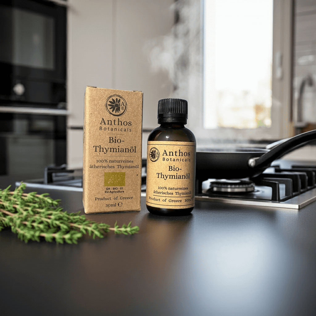 Kraftverpackung und Braunglasflasche mit Bio-Thymianöl auf einer Küchenarbeitsplatte.