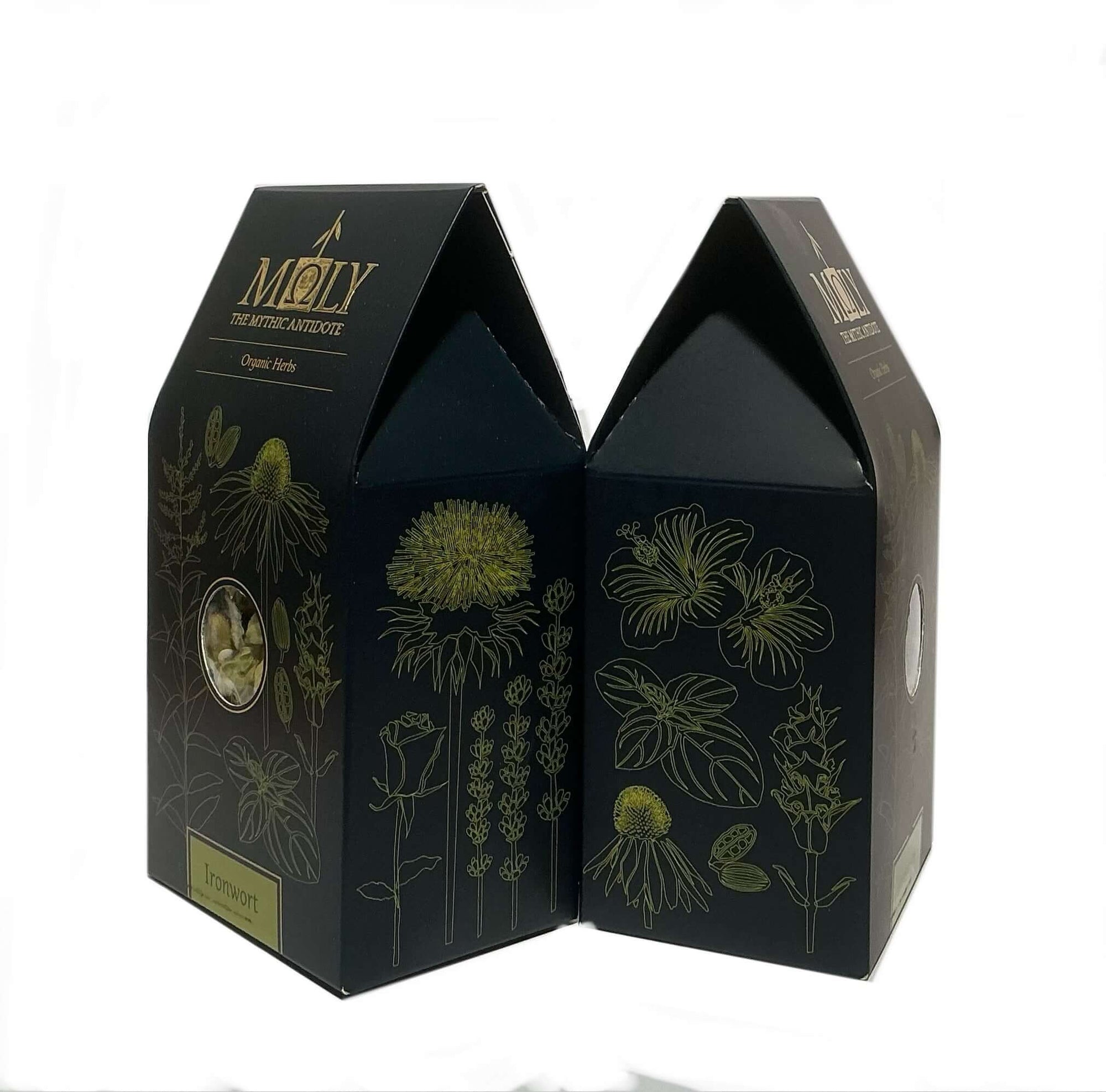Zwei schwarze Verpackungen mit Griechischer Bergtee Bio. Ein Sichtfenster ist vorhanden und man erkennt Blüten des griechischen Bergtees.