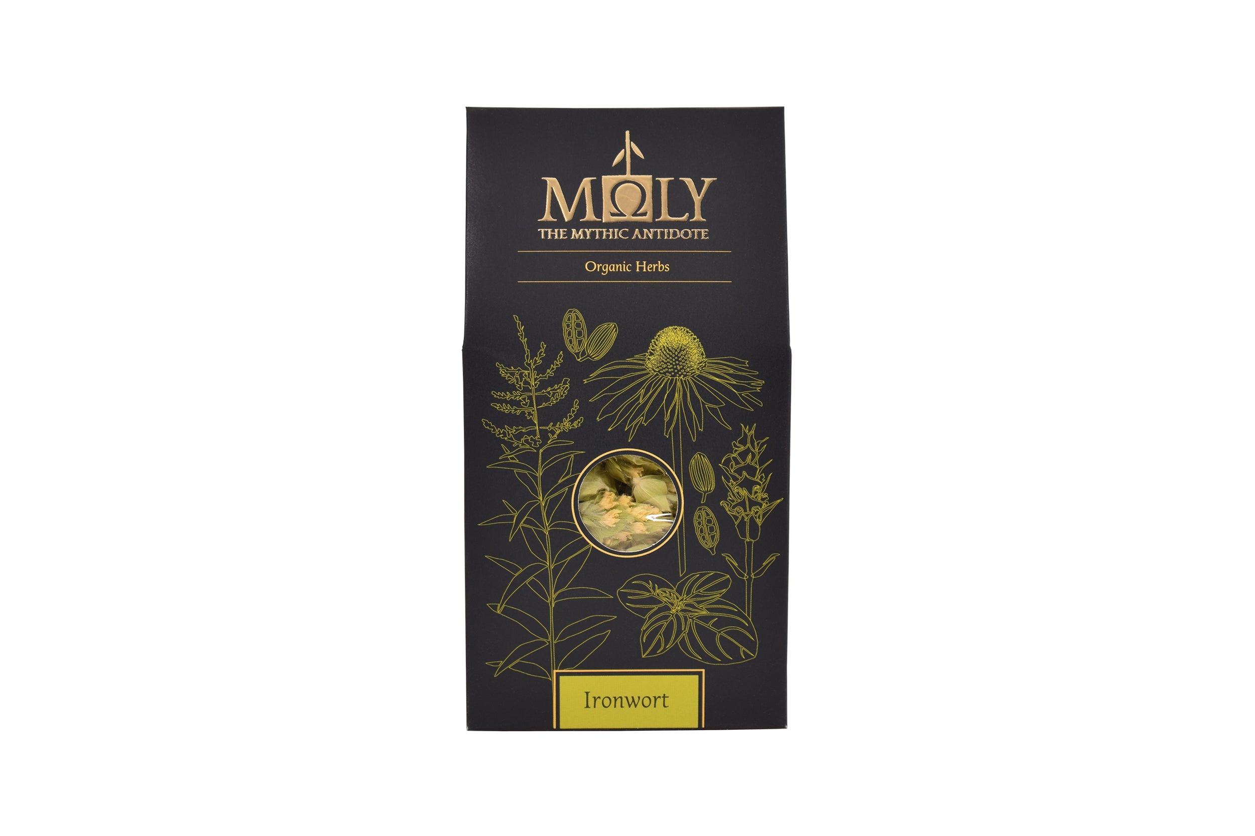 schwarze Verpackung für dden griechischen Bergtee mit goldener Schrift