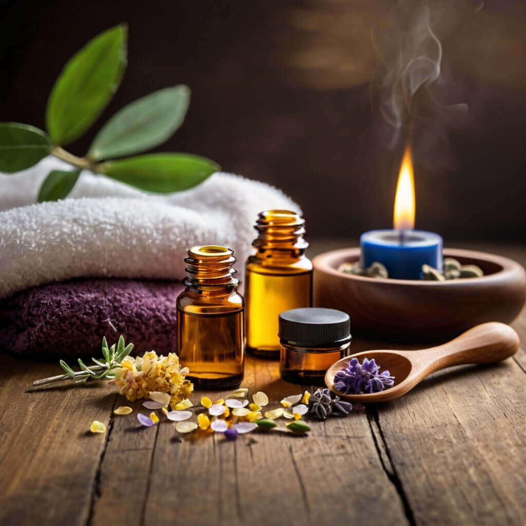 ätherische Öle, brennende Kerze und Spa-Utensilien auf einem Holztisch