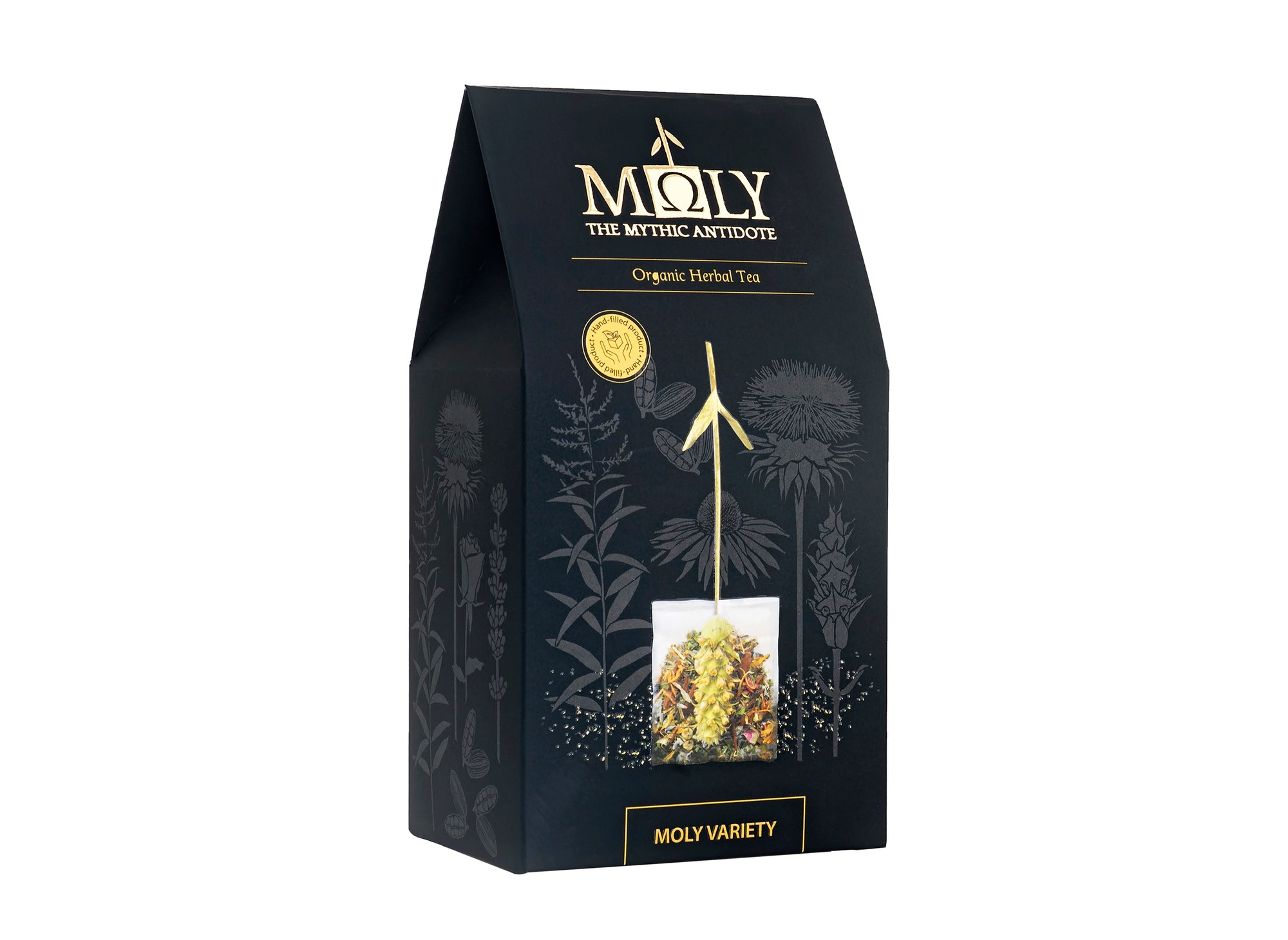 Eine schwarze Verpackung des MOLY VARIETY BIO mit goldener und gelber Schrift sowie aufgedruckten Pflanzen. Zentral ist Bild aufgedruckt, welches einen Teebeutel mit Inhalt zeigt aus dem der Stengel der Sideritis scardia (griechischer Bergtee) herausragt.