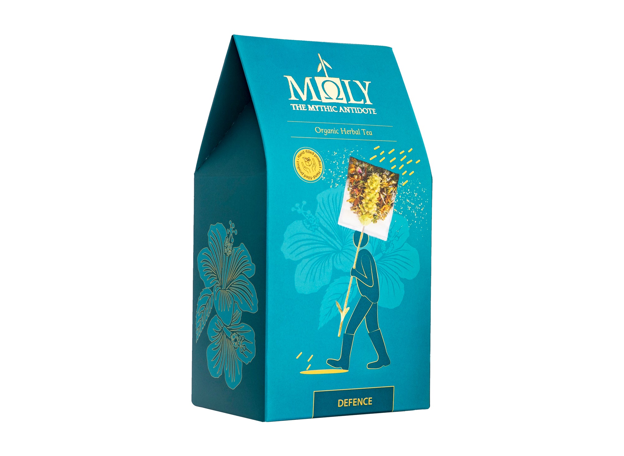 Eine türkisblaue Verpackung MΟLY Defence mit goldener Schrift sowie gezeichneten Blumen. Zentral ist ein Bild aufgedruckt, welches einen Teebeutel mit Inhalt zeigt aus dem der Stengel der Sideritis scardia (griechischer Bergtee) herausragt und von einer männlichen Person getragen wird.