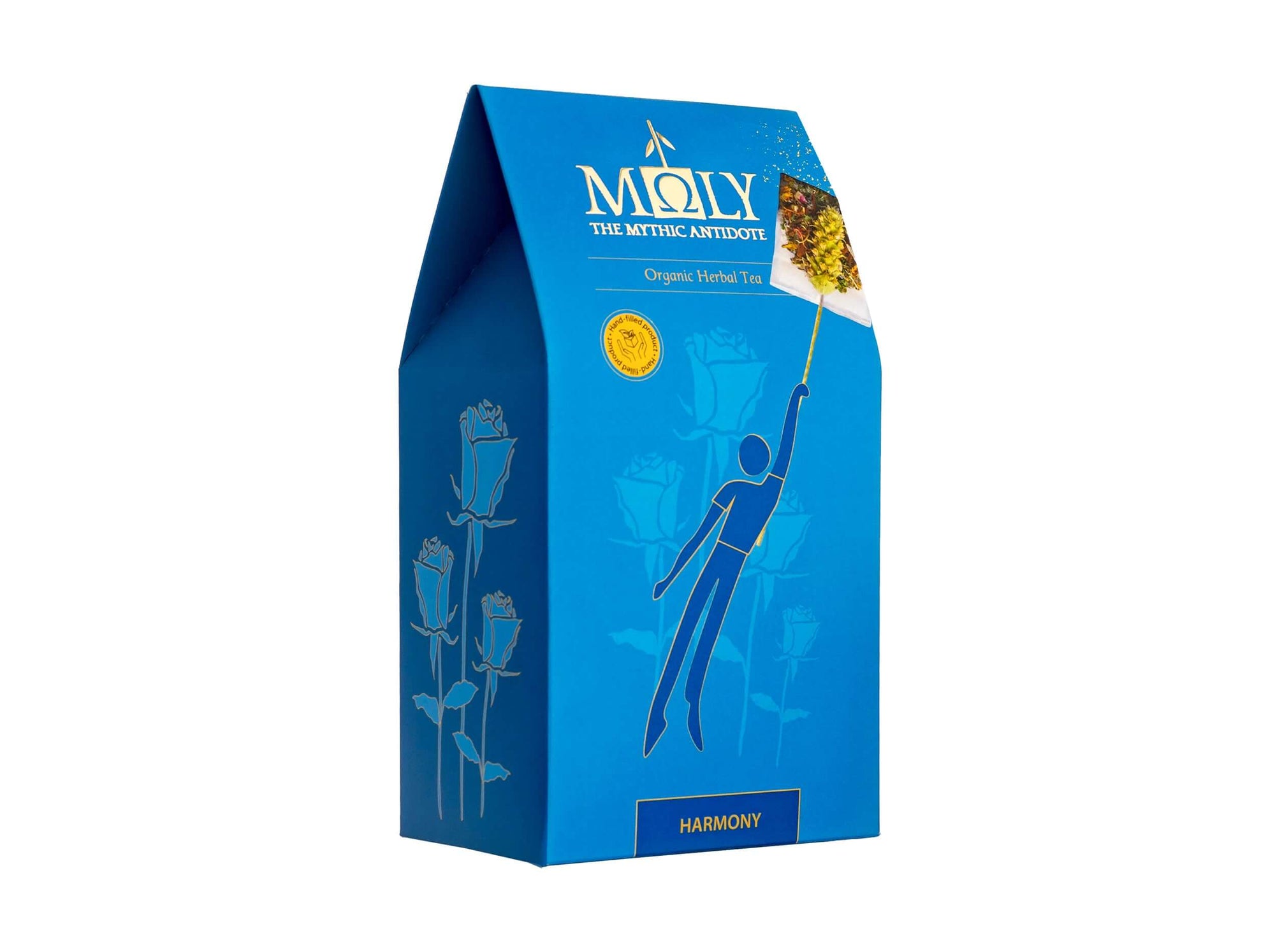 Eine blaue Verpackung des Moly Harmony BIO mit goldener Schrift. Zentral ist ein Bild aufgedruckt, welches einen Teebeutel mit Inhalt zeigt aus dem der Stengel der Sideritis scardia (griechischer Bergtee) herausragt und  eine gezeichnete Person sich an dem Stengel festhält und von diesem in die Luft gezogen wird.