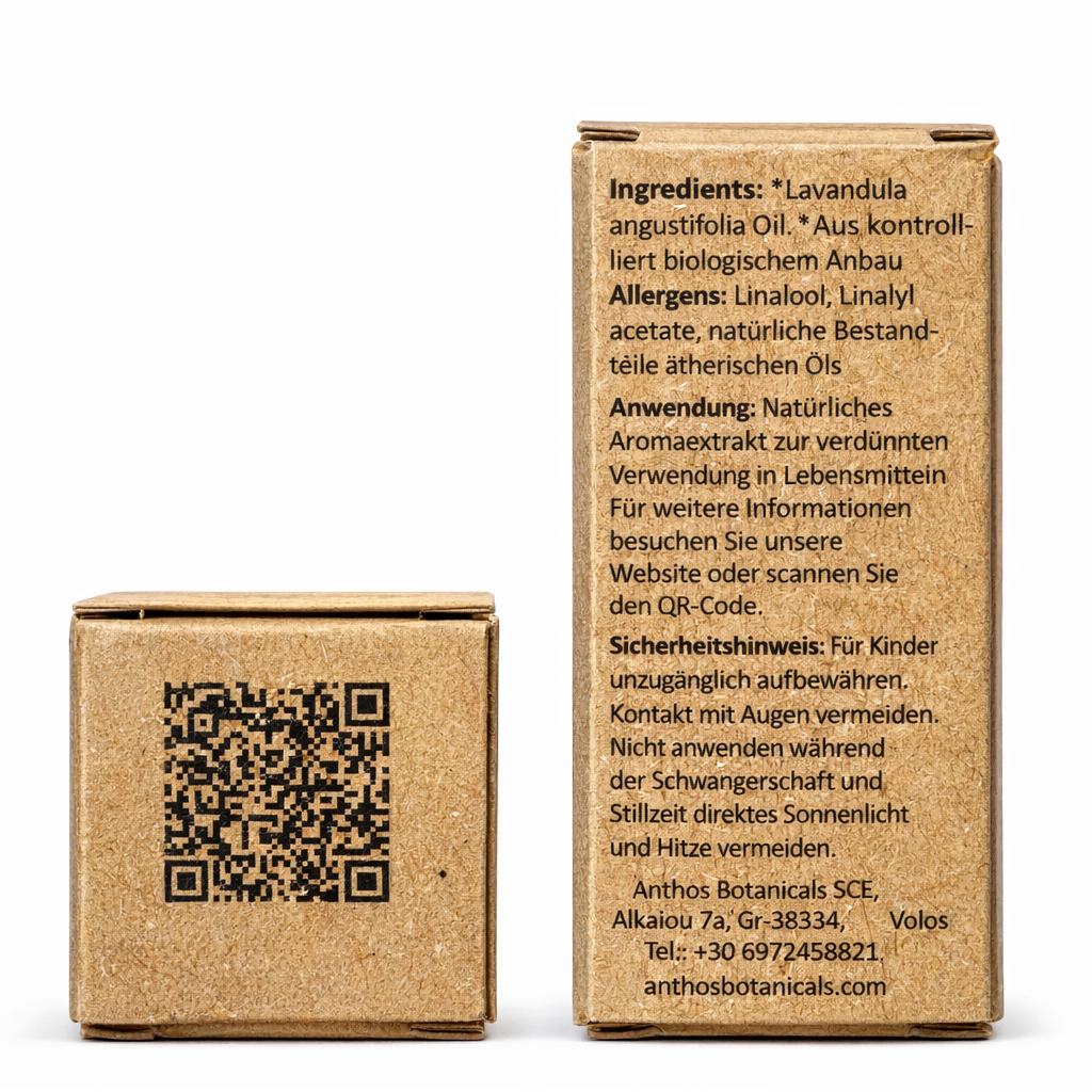 Ober- und Rückenansicht der Kraftverpackung von Anthos Botanicals Lavendelöl Bio