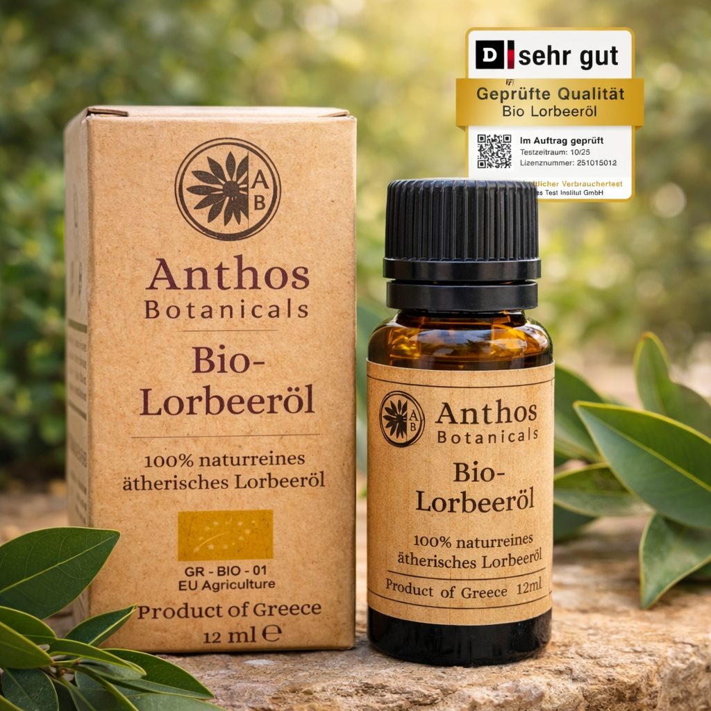 Kraftverpackung und Braunglasflasche mit Lorbeeröl bio 12 ml von Anthos Botanicals auf einem Felsen in der Natur.