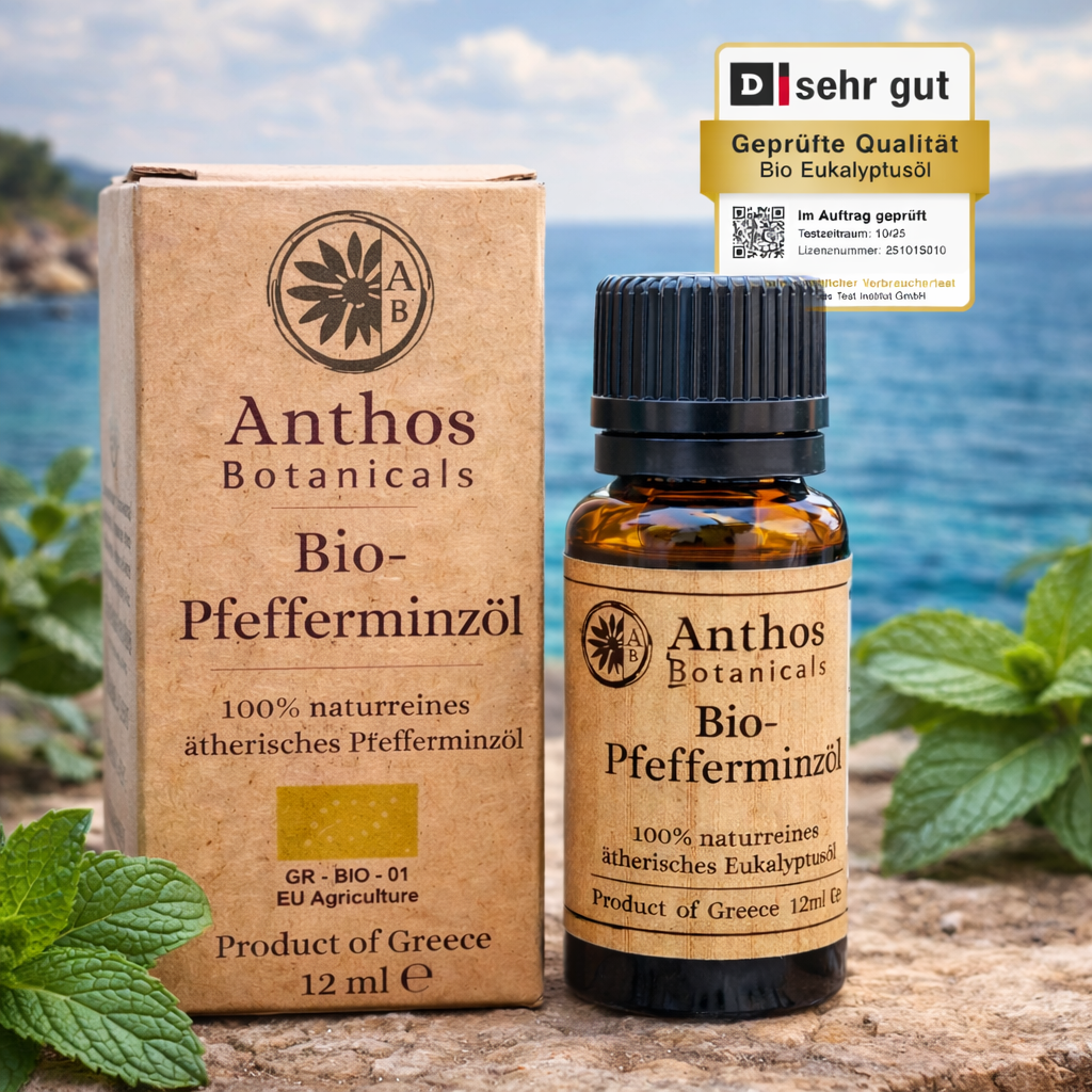 Pfefferminzöl BIO 12ml - Lebensmittelzertifiziert in Glasflasche mit Verpackung, natürliche ätherische Öle von Anthos Botanicals.