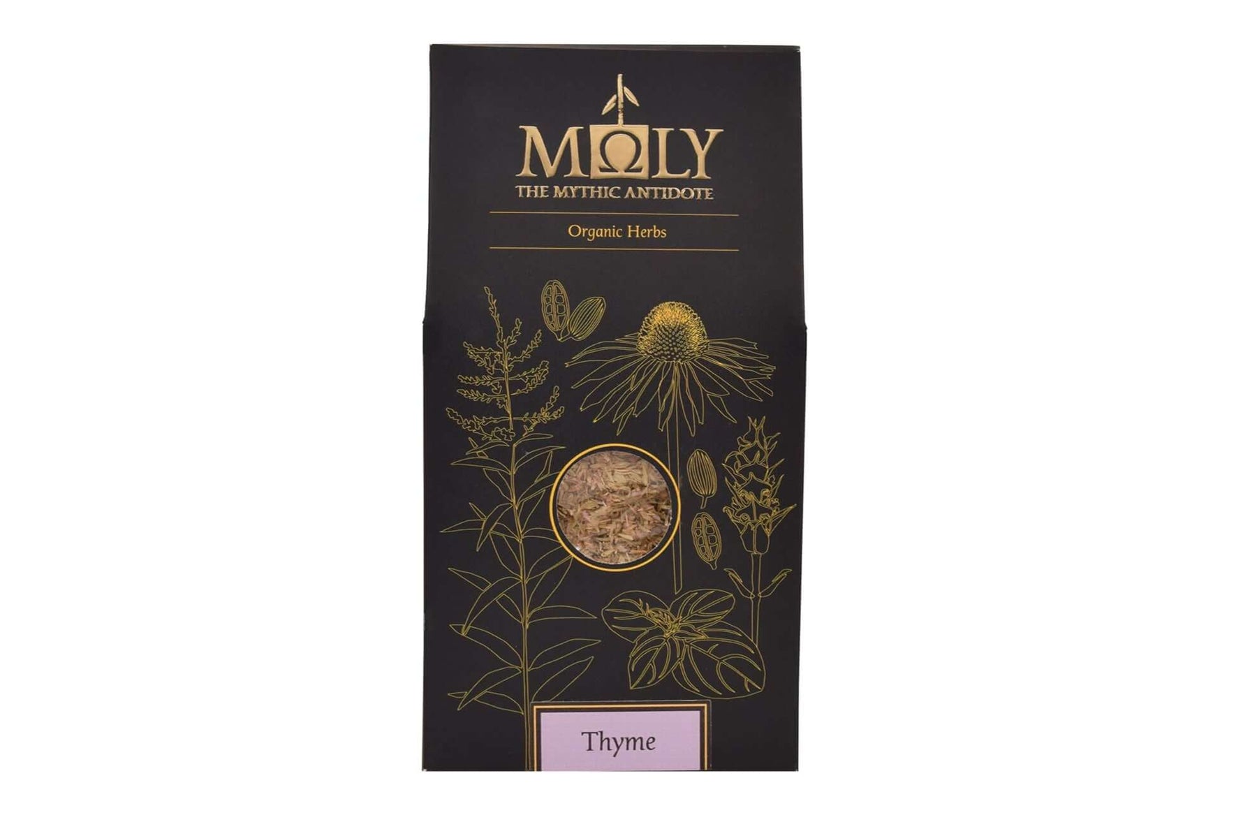 Eine schwarze Verpackung mit goldener Schrift sowie aufgedruckten Pflanzen. Ein Sichtfenster ist vorhanden und man erkennt Thymian. 