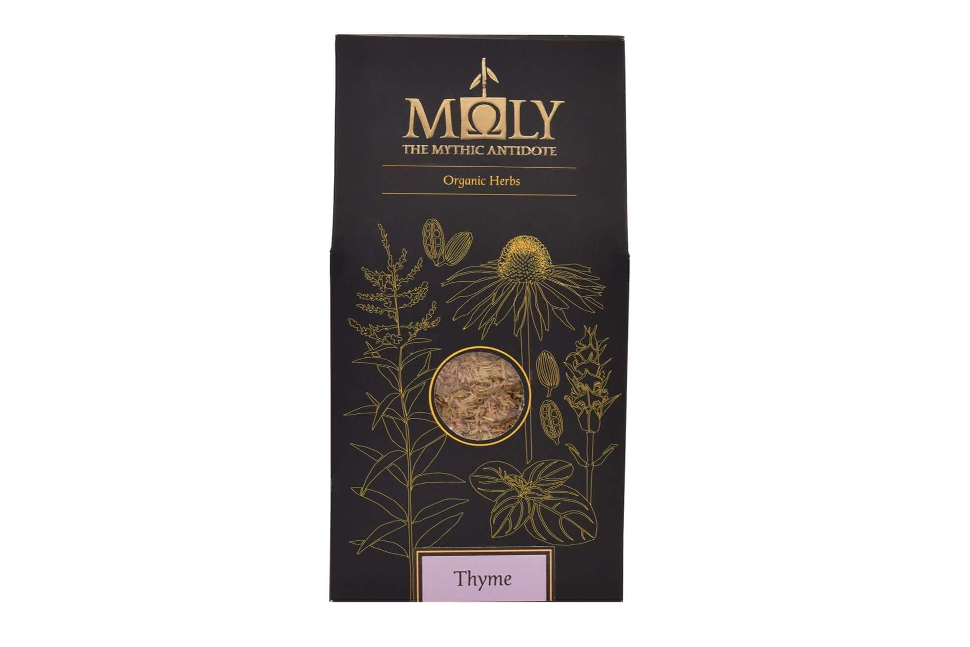 Eine schwarze Verpackung mit goldener Schrift sowie aufgedruckten Pflanzen. Ein Sichtfenster ist vorhanden und man erkennt Thymian. 