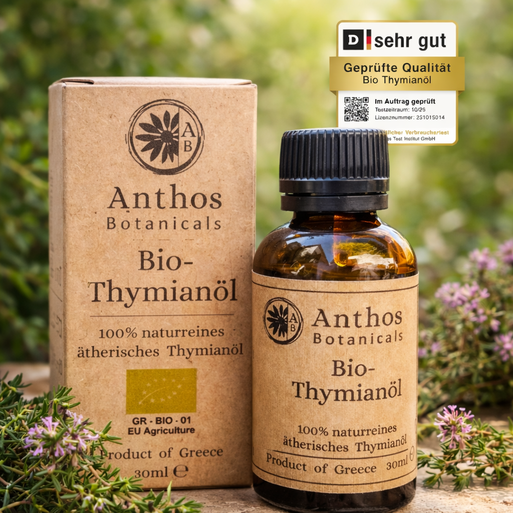 Kraftverpackung und Braunglasflasche mit Thymianöl bio 30 ml von Anthos Botanicals auf einem Felsen in der Natur.