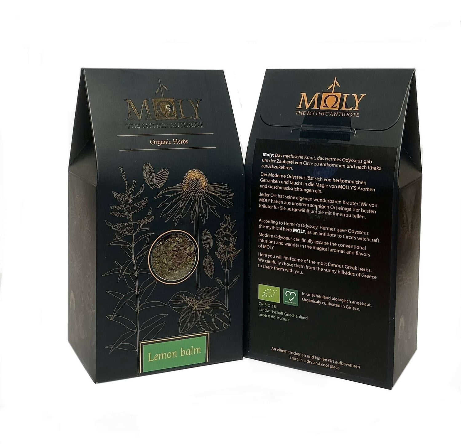 Zwei schwarze Verpackungen mit goldener  Schrift sowie aufgedruckten Pflanzen. Ein Sichtfenster ist vorhanden und man erkennt Zitronenmelisse-Kräuter. 