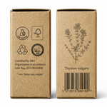 Seitenansicht der Kraftverpackung des Thymiannöls BIO 12ml - Lebensmittelzertifiziert von Anthos Botanicals mit Thymus vulgaris Illustration und Zertifizierungen.