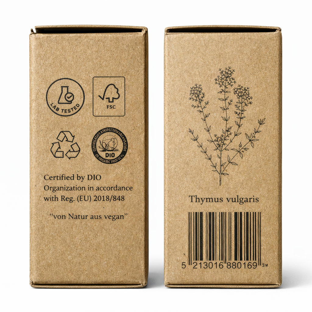 Seitenansicht der Kraftverpackung des Thymiannöls BIO 12ml - Lebensmittelzertifiziert von Anthos Botanicals mit Thymus vulgaris Illustration und Zertifizierungen.