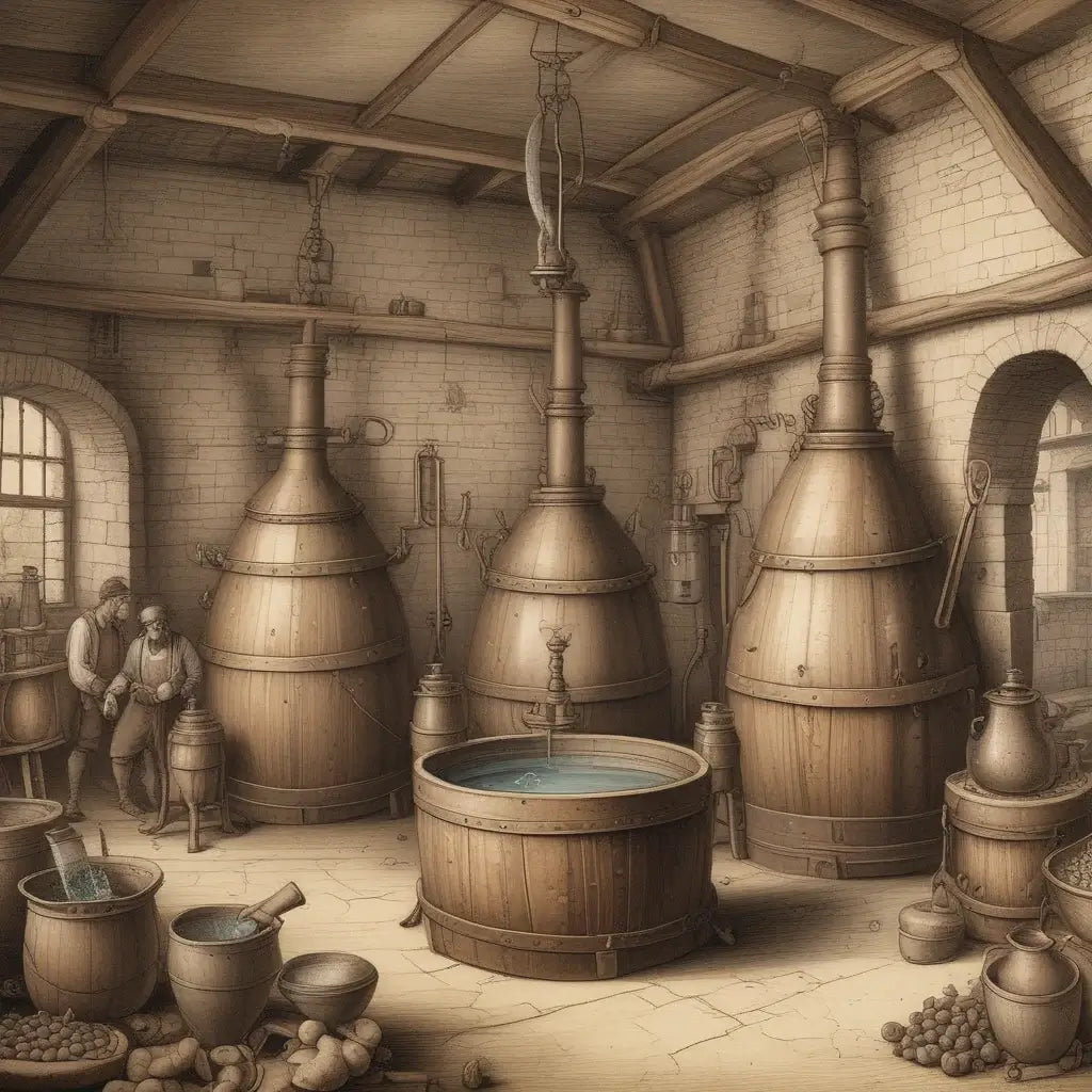 Zeichnung einer alten Destillationsanlage