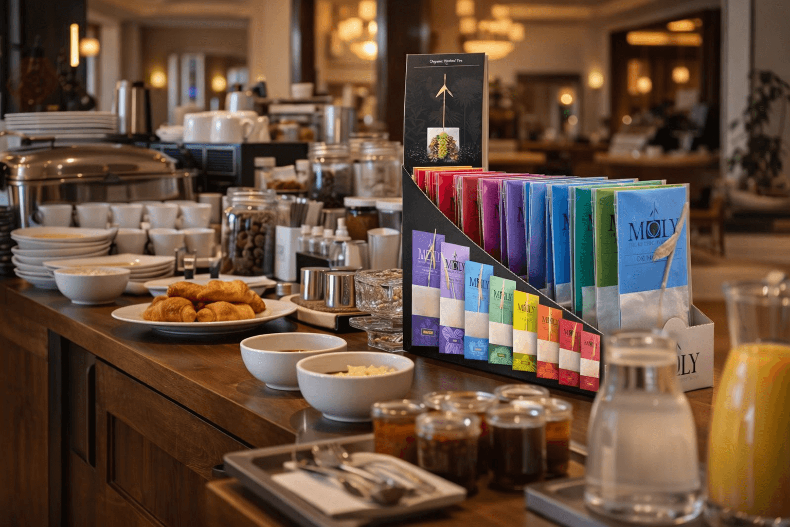 Die Display Box von Moly auf einem Tresen an einem Hotelbuffett