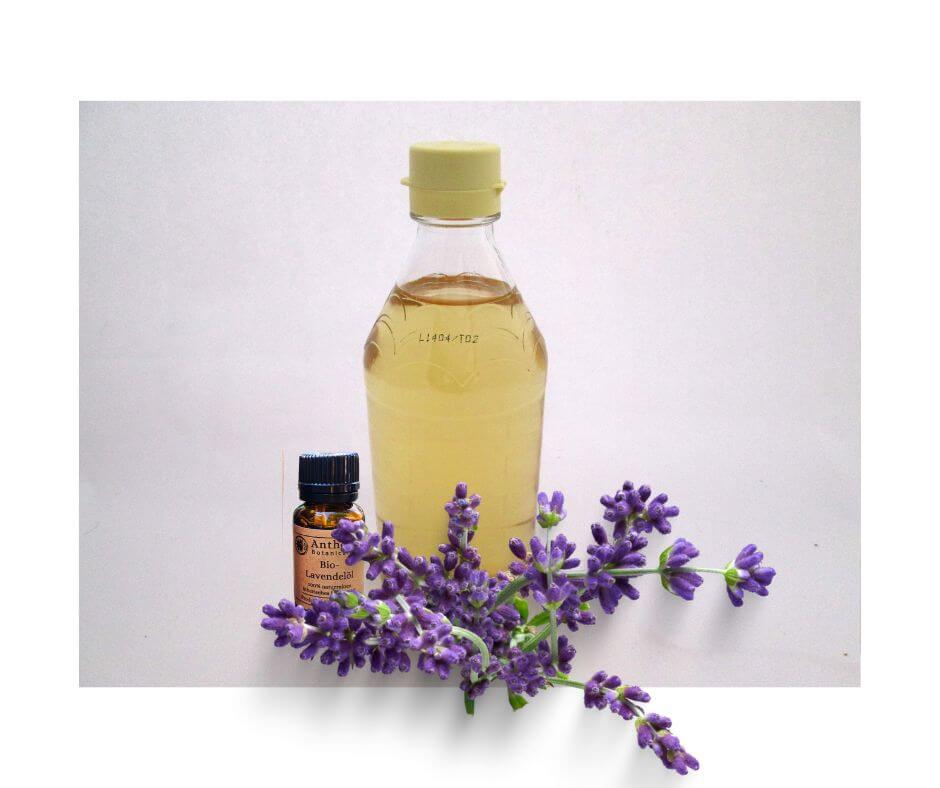 Eine Flasche Lavendelöl bio und eine Flasche Essig mit Lavendelblüten.