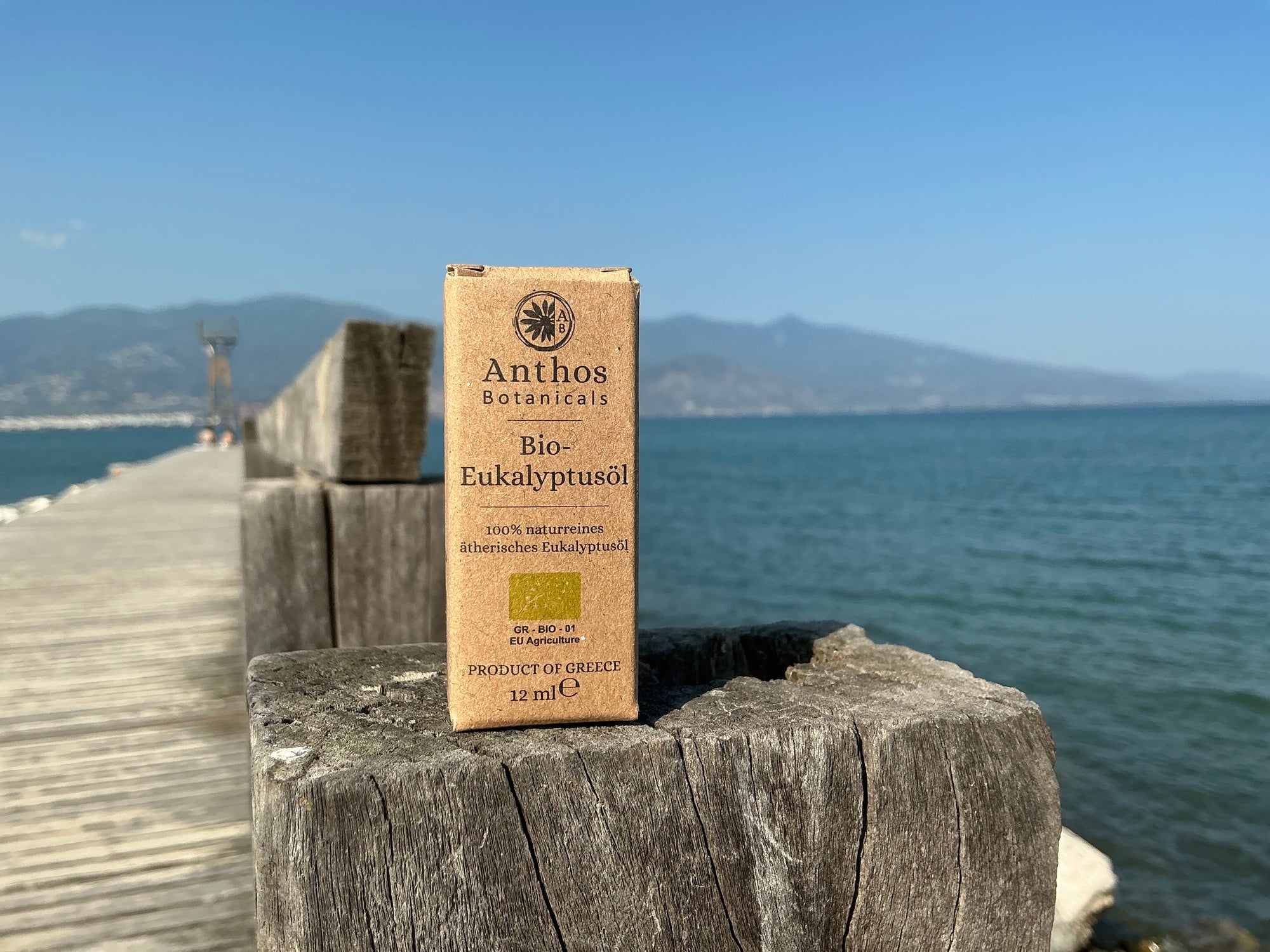 Kraftverpackung mit Eukalyptusöl Bio auf einem Steg am Meer.