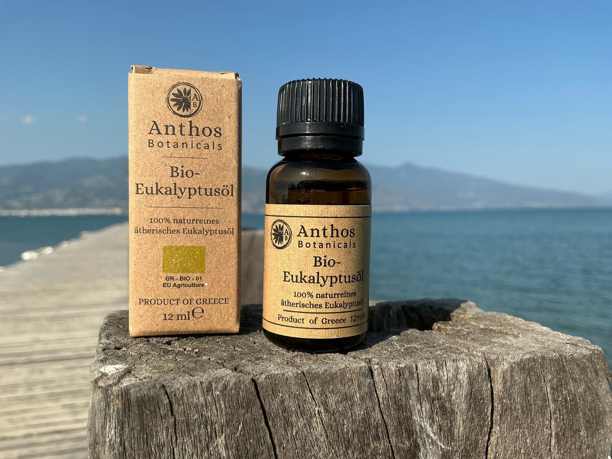 Kraftverpackung und Braunglasflasche mit Eukalyptusöl Bio auf einem Steg am Meer.
