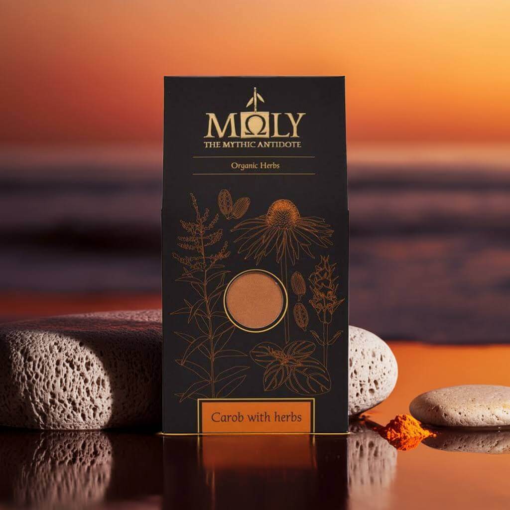 Eine schwarze Verpackung mit Johannisbrot, dem Kräuter zugesetzt sind. Im Hintergrund ist das Meer und eine Abendsonne erkennbar. 