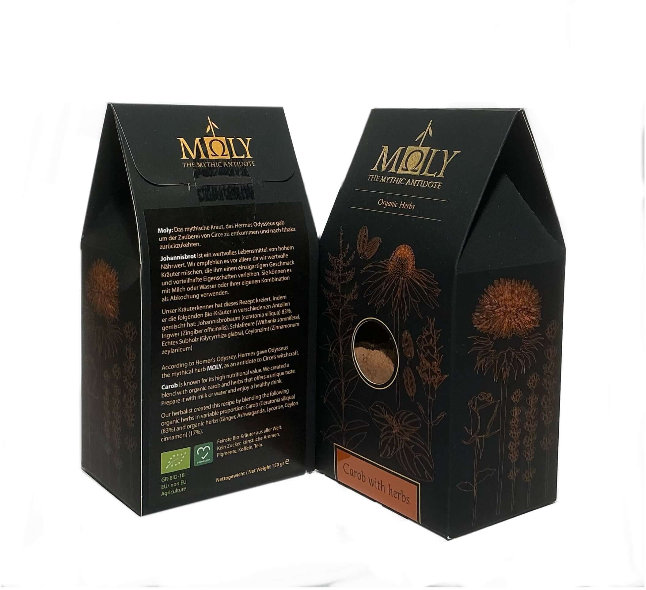 Zwei schwarze Verpackungen mit Johannisbrot, dem Kräuter zugesetzt sind.