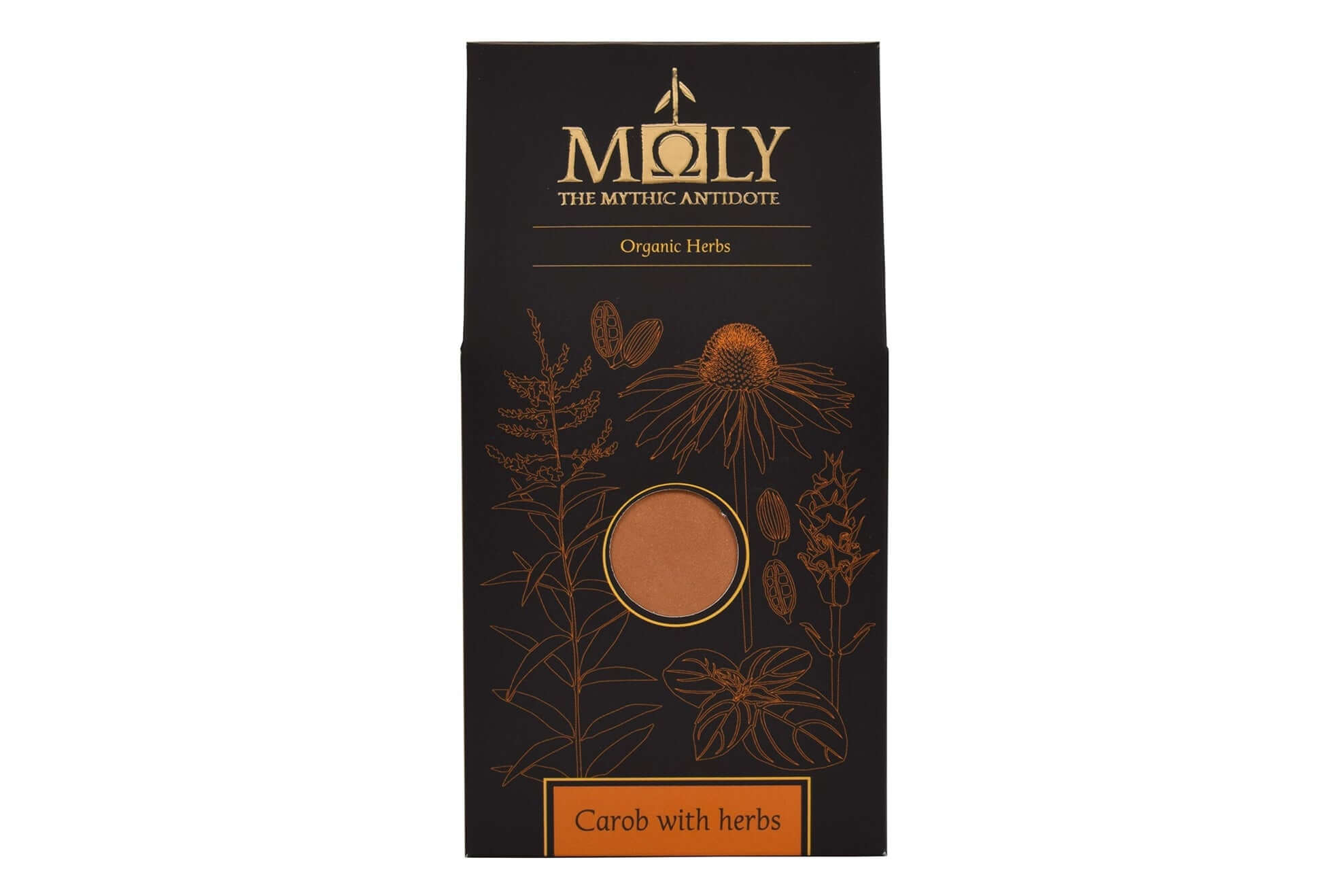 Eine schwarze Verpackung mit Johannisbrot, dem Kräuter zugesetzt sind. 