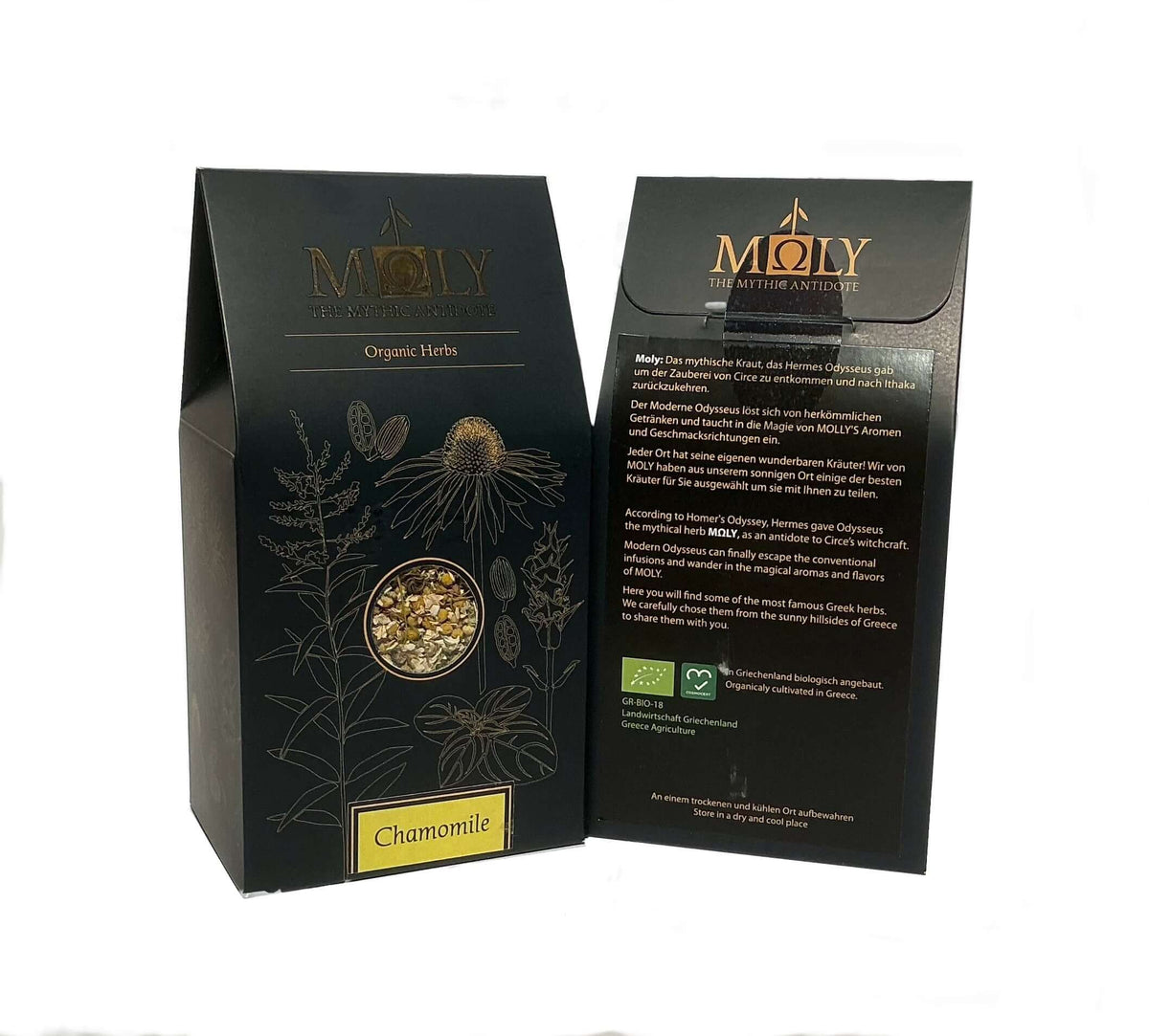 Zwei schwarze Verpackungen des Kamillenblütentee BIO. Ein Sichtfenster ist vorhanden und man erkennt Kamillenblüten. Kamillenblüten liegen vor und neben der Verpackung.