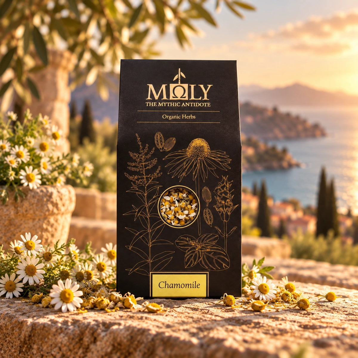 Eine Moly Verpackung mit Kamillenblüten bio auf einer Steinbrüstung vor dem Mittelmeer.