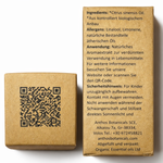 Oberseite mit qr-code und Rückseite mit Informationen auf der Kraftverpackung des Orangenöl Bio 12 ml von Anthos Botanicals