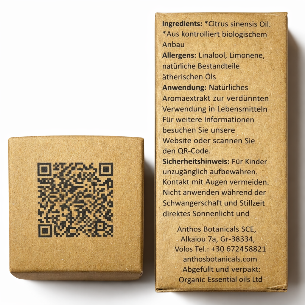 Oberseite mit qr-code und Rückseite mit Informationen auf der Kraftverpackung des Orangenöl Bio 12 ml von Anthos Botanicals