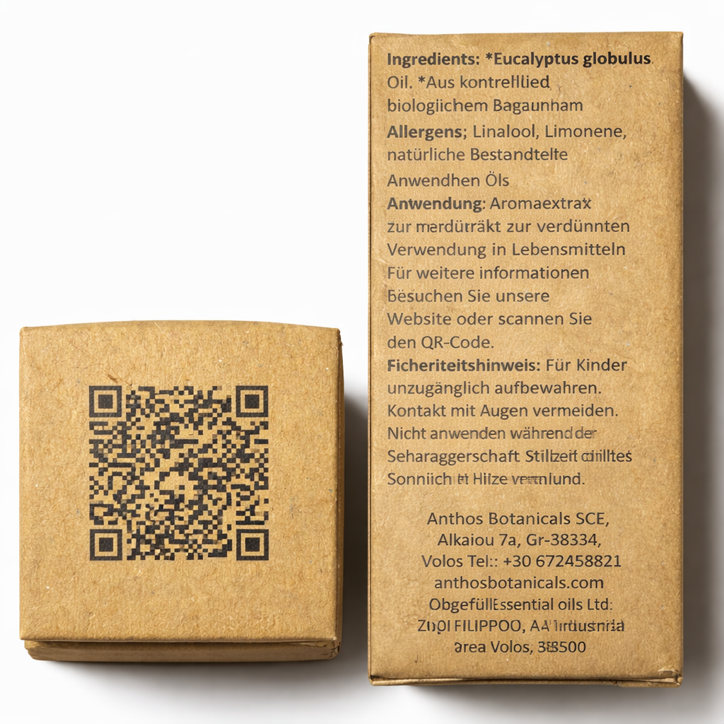 Oberseite mit qr-code und Rückseite mit Informationen der Kraftverpackung des Eukalyptusöl Bio 12 ml von Anthos Botanicals.