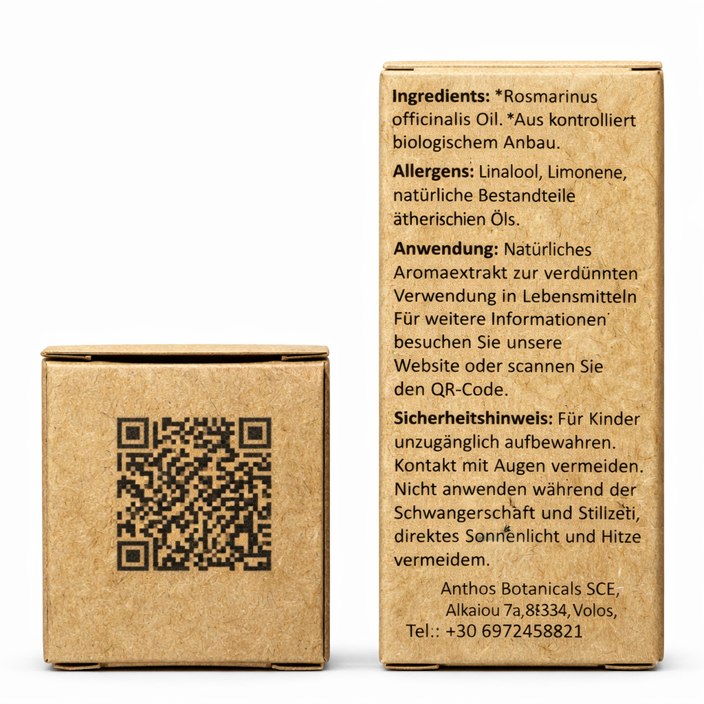 Ober- und Rückansicht der Kraftverpackung des ätherischen Rosmarinöls von Anthos Botanicals.
