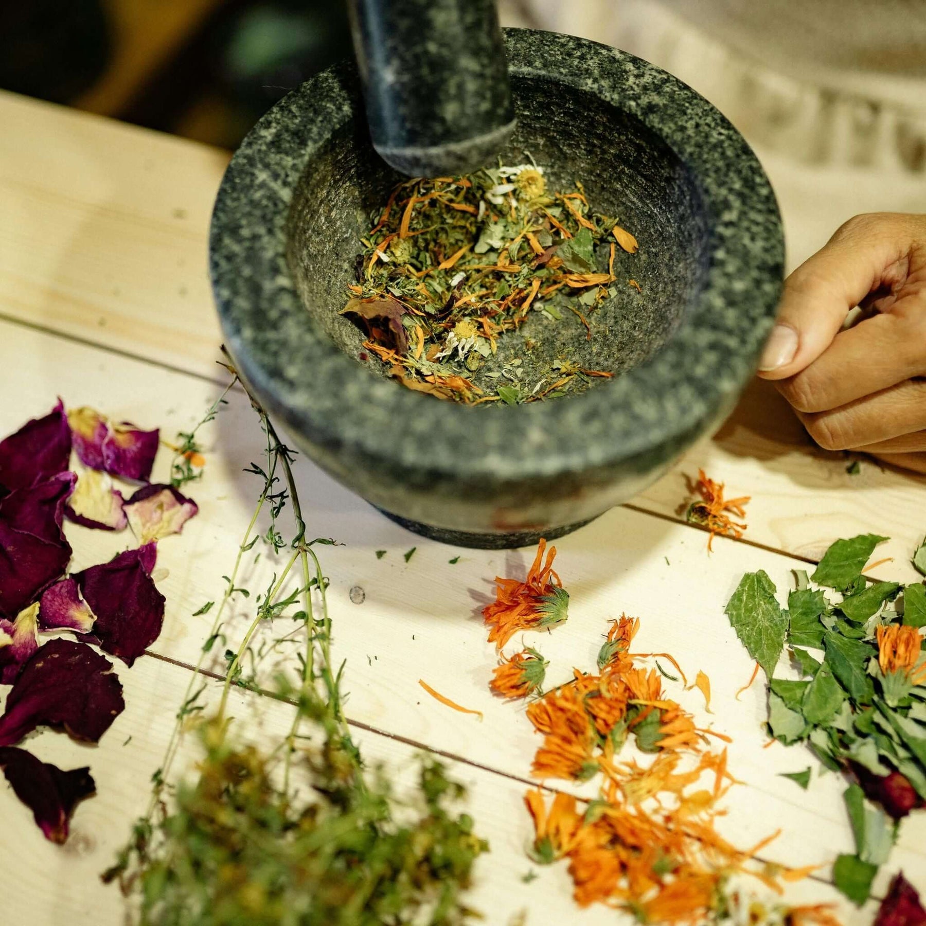 Kräuter werden in einem Stöfchen zerkleinert.