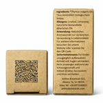 Oberseite mit qr-code und Rückseite der Kraftverpackung des ätherischen Thymiannöls von Anthos Botanicals.