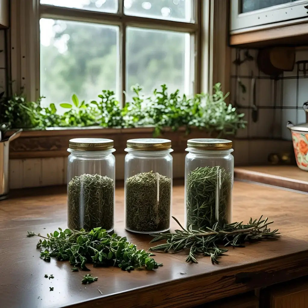 Auf einer Küchenarbeitsplatte stehen drei Einmachgläser mit mediterranen Kräutern wie Rosmarin, Thymian und Oregano