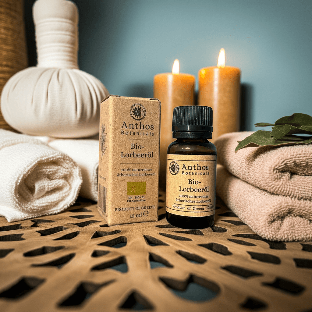 Ein braunes Glasfläschen mit Lorbeeröl & brauner Verpackung auf einem Palmenblatt & weiteren SPA-Utensilien.